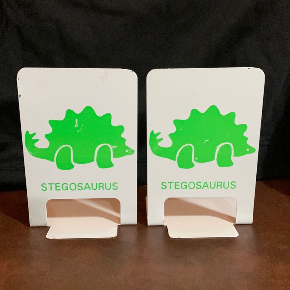 KNOBLER- Metal Bookends with a Bright Green Stegosaurus